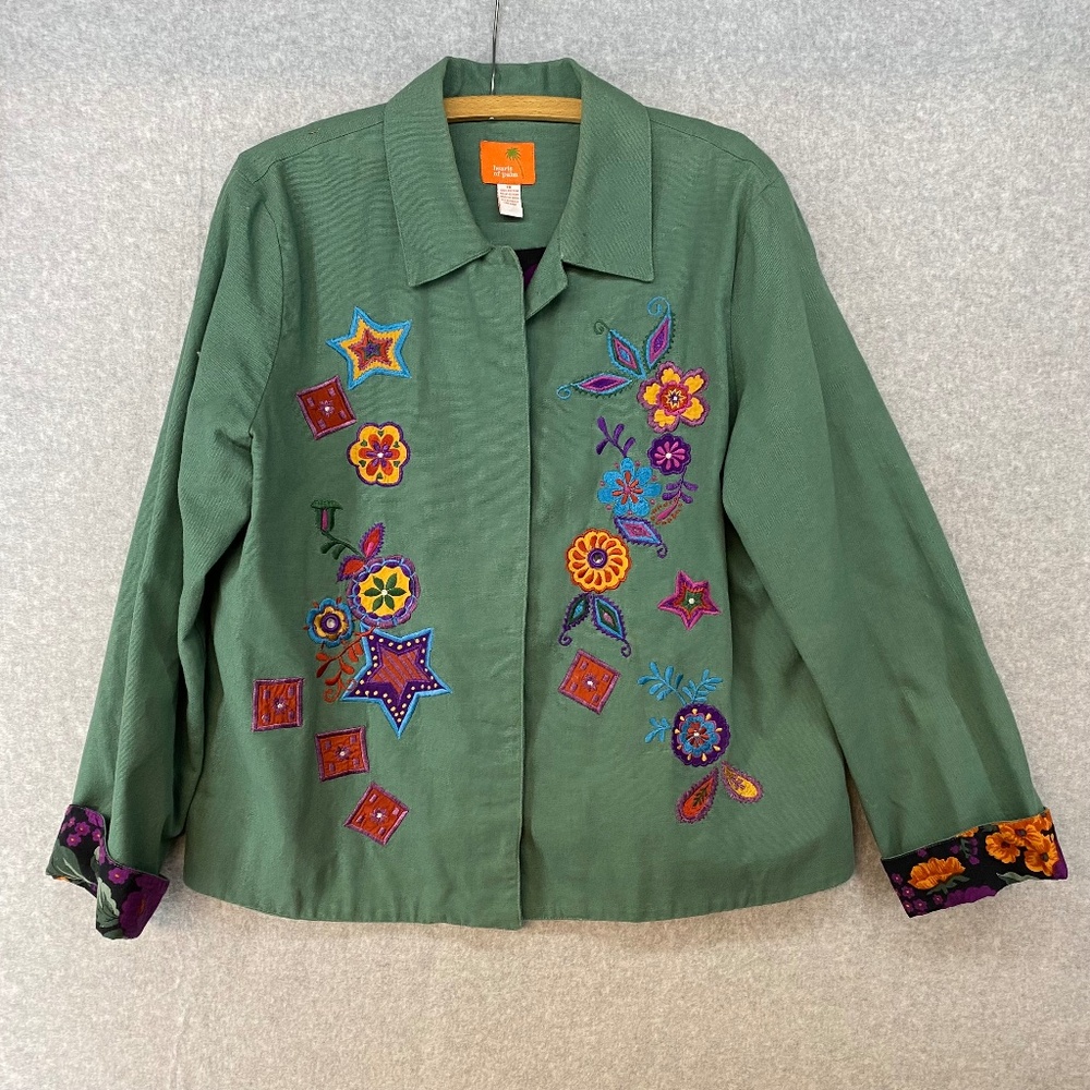Hearts Of Palm Size 16 Embroidered Jacket Green Floral Button Close Floral Lined